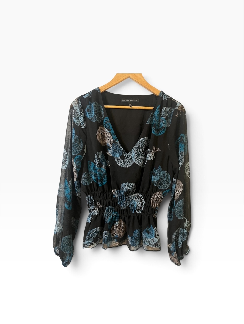 White House Black Market Women's Black Floral V-Neck Blouse Size M